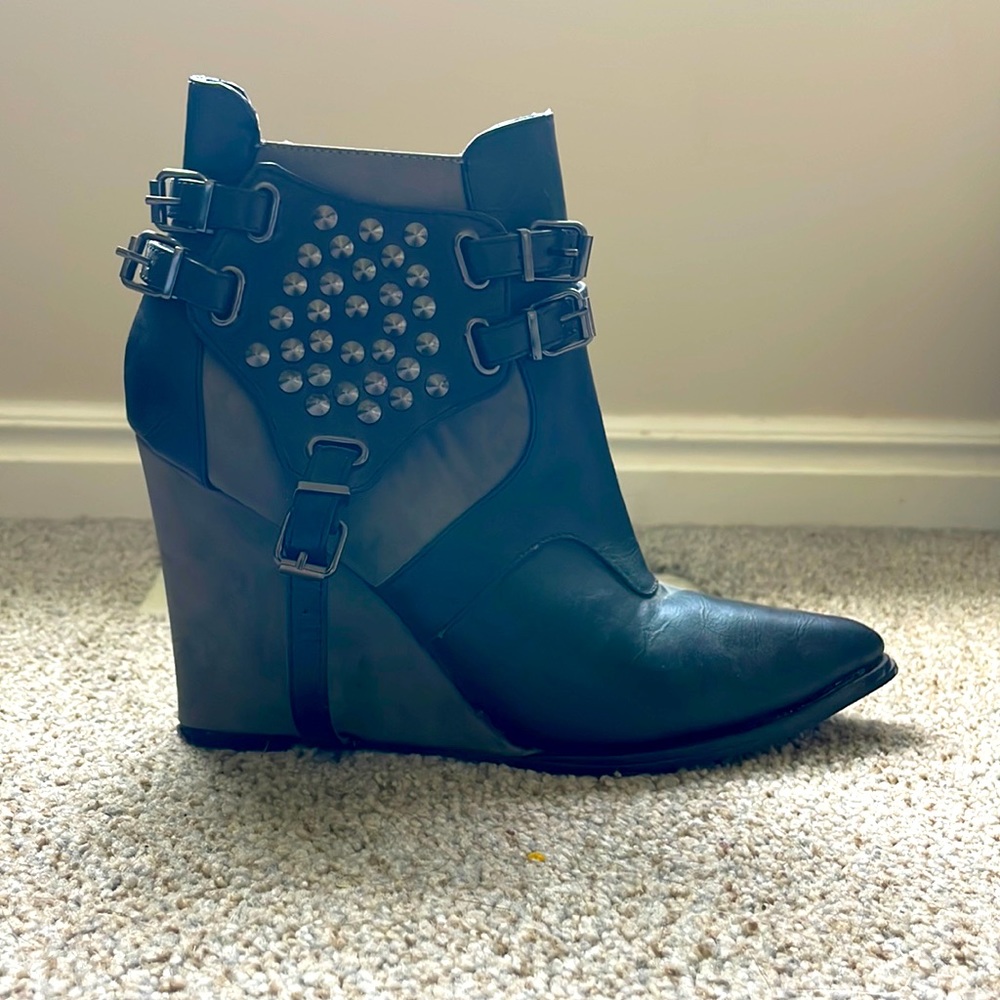 Penny Loves Kenny Pointy Toe Wedge Bootie - Suede, Leather w/ metal